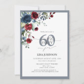 Elegant Dusty Blue & Bourgondië Floral 60ste verja Kaart (Voorkant)