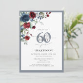 Elegant Dusty Blue & Bourgondië Floral 60ste verja Kaart (Staand voorkant)