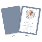 Elegant Dusty Blue Bow Boy Photo Baptism Kaart