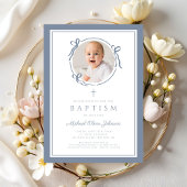 Elegant Dusty Blue Bow Boy Photo Baptism Kaart