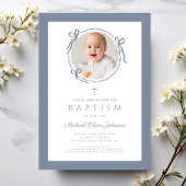 Elegant Dusty Blue Bow Photo Baptism Kaart