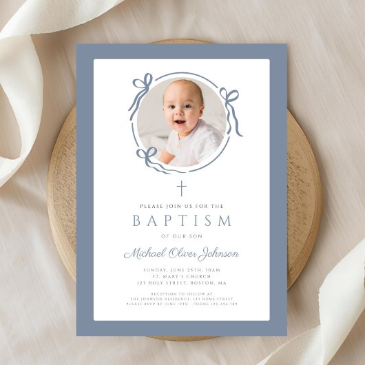 Elegant Dusty Blue Bow Photo Baptism Kaart