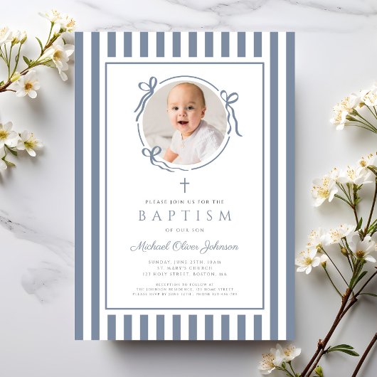 Elegant Dusty Blue Bow Photo Boy Baptism Kaart