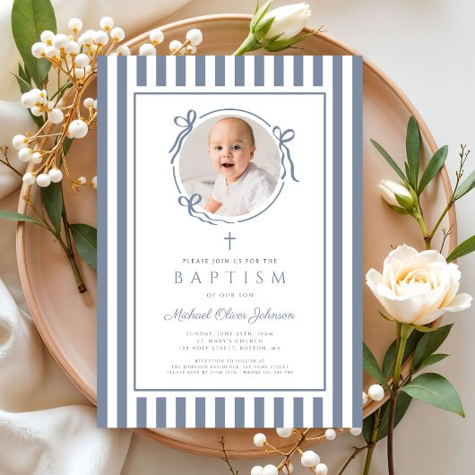 Elegant Dusty Blue Bow Photo Boy Baptism Kaart