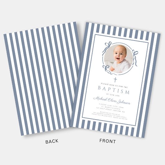 Elegant Dusty Blue Bow Photo Boy Baptism Kaart