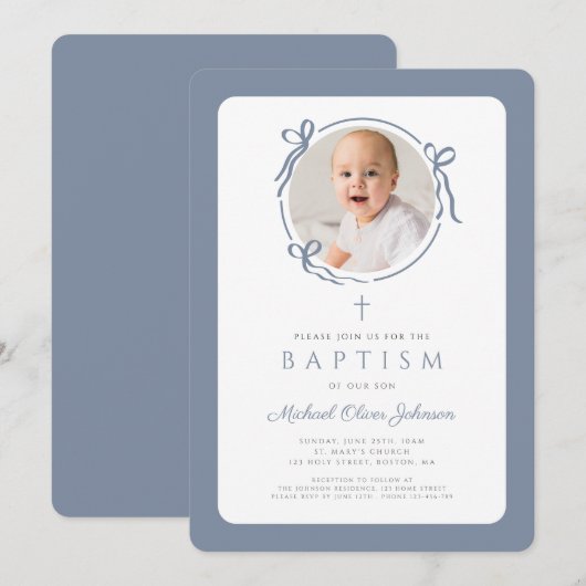 Elegant Dusty Blue Bow Photo Boy Baptism Kaart (Voorkant / Achterkant)