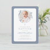 Elegant Dusty Blue Bow Photo Boy Baptism Kaart (Staand voorkant)