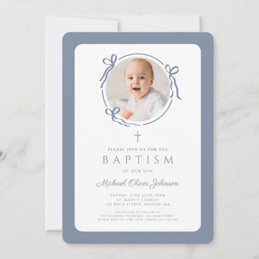 Elegant Dusty Blue Bow Photo Boy Baptism Kaart (Voorkant)
