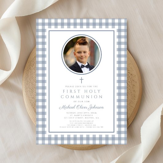 Elegant Dusty Blue Bow Photo Boy First Communion Kaart