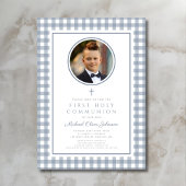 Elegant Dusty Blue Bow Photo Boy First Communion Kaart