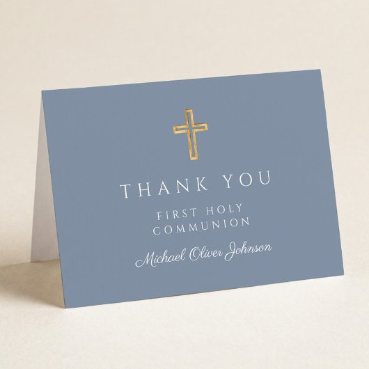 Elegant Dusty Blue Boy First Communion  Bedankkaart