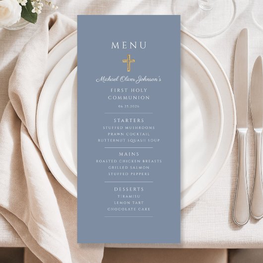 Elegant Dusty Blue Boy First Communion Menu