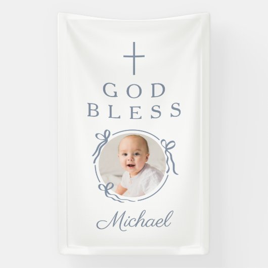 Elegant Dusty Blue Boy God Bless Photo Spandoek (Verticaal)