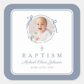 Elegant Dusty Blue Boy Photo Baptism Vierkante Sticker (Voorkant)