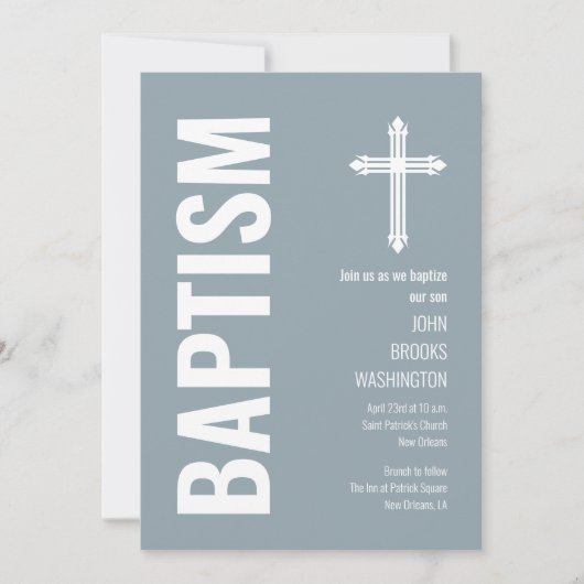 Elegant Dusty Blue Boys Doop Uitnodiging (Voorkant)