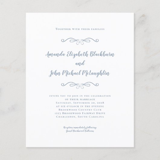 Elegant Dusty Blue Budget Chic Wedding Uitnodiging (Voorkant)