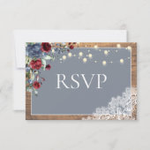 Elegant Dusty Blue Burgundy Floral Lace Wood RSVP Kaartje (Voorkant)