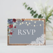 Elegant Dusty Blue Burgundy Floral Lace Wood RSVP Kaartje (Staand voorkant)