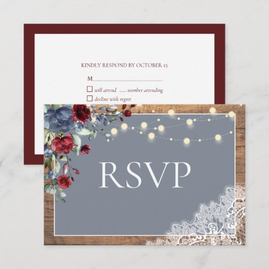 Elegant Dusty Blue Burgundy Floral Lace Wood RSVP Kaartje (Voorkant / Achterkant)