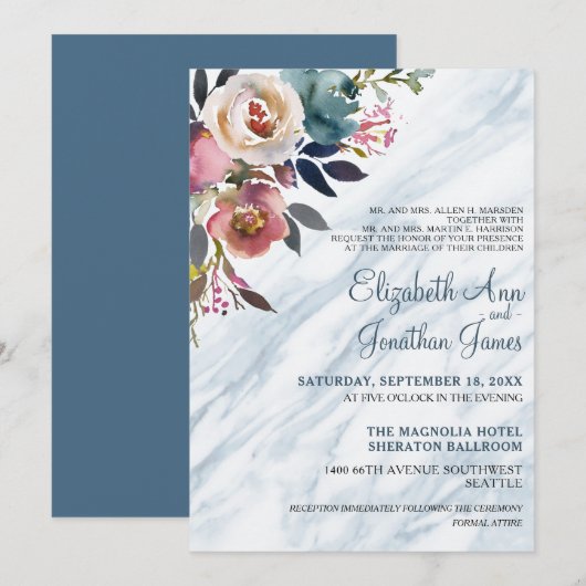 Elegant Dusty Blue Burgundy Floral Marble Wedding Kaart (Voorkant / Achterkant)