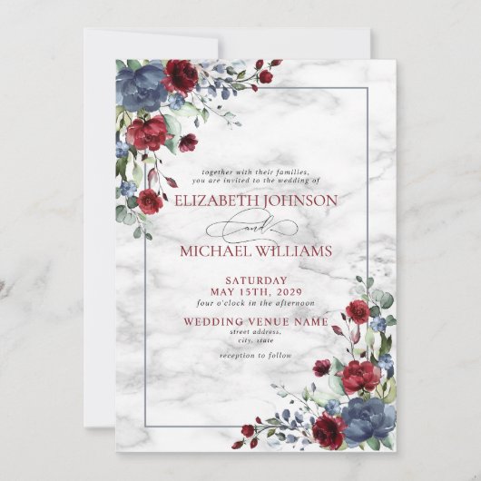 Elegant Dusty Blue Burgundy Floral Photo Wedding Kaart (Voorkant)