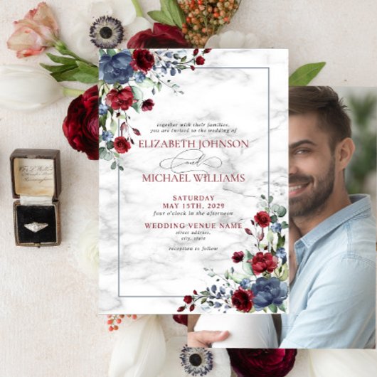 Elegant Dusty Blue Burgundy Floral Photo Wedding Kaart