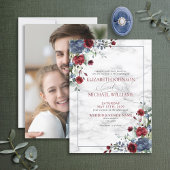 Elegant Dusty Blue Burgundy Floral Photo Wedding Kaart