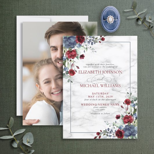 Elegant Dusty Blue Burgundy Floral Photo Wedding Kaart