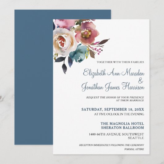 Elegant Dusty Blue Burgundy Floral Wedding Kaart (Voorkant / Achterkant)