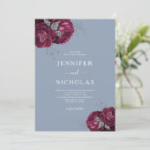 Elegant Dusty Blue Burgundy Floral Wedding Kaart (Staand voorkant)