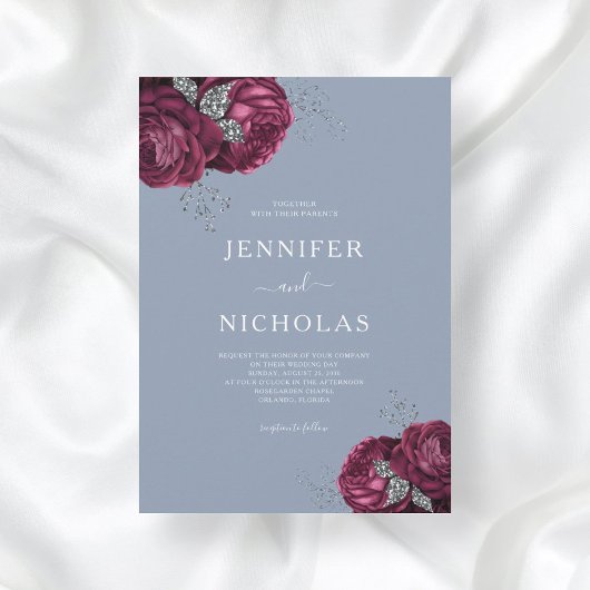 Elegant Dusty Blue Burgundy Floral Wedding Kaart
