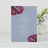 Elegant Dusty Blue Burgundy Floral Wedding Kaart (Staand voorkant)