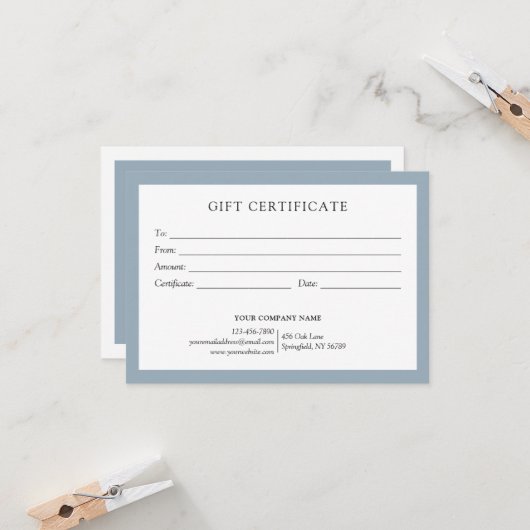 Elegant Dusty Blue Business Gift Certificate Logo (Voorkant / Achterkant in situ)