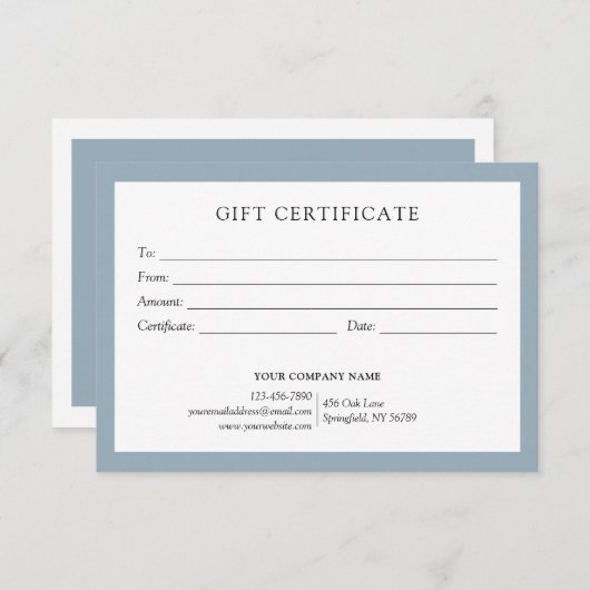 Elegant Dusty Blue Business Gift Certificate Logo (Voorkant / Achterkant)