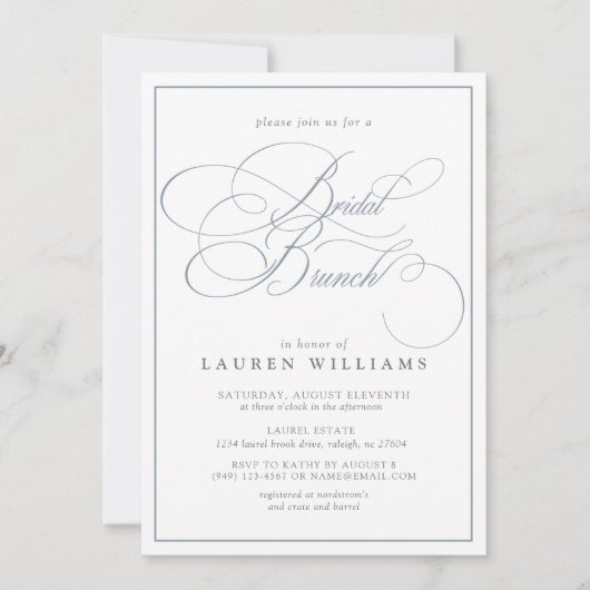Elegant Dusty Blue Calligraphy Bridal Brunch Kaart (Voorkant)