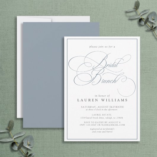 Elegant Dusty Blue Calligraphy Bridal Brunch Kaart