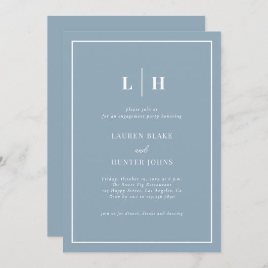 Elegant Dusty Blue Calligraphy Engagement Party Kaart (Voorkant / Achterkant)