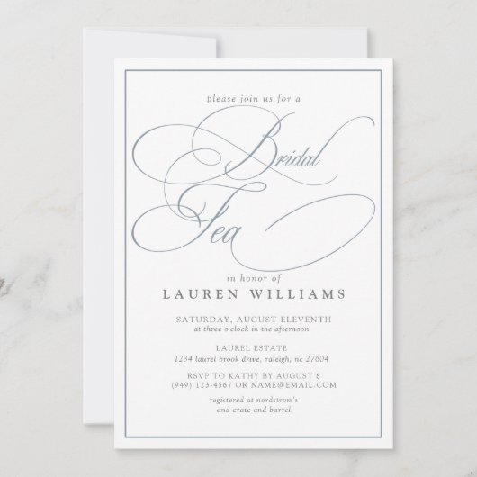 Elegant Dusty Blue Calligraphy Formal Bridal Tea Kaart (Voorkant)