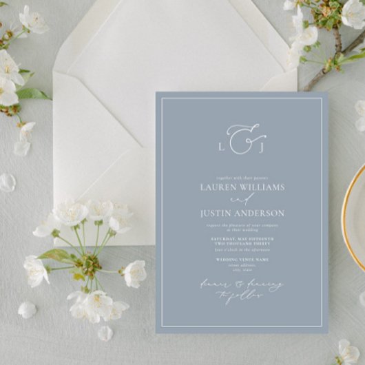 Elegant Dusty Blue Calligraphy Monogram Wedding Kaart