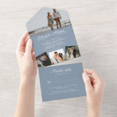 Elegant Dusty Blue Calligraphy Photo Wedding All In One Uitnodiging (Afscheurbaar)