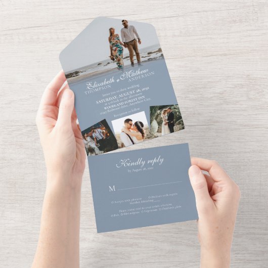 Elegant Dusty Blue Calligraphy Photo Wedding All In One Uitnodiging (Afscheurbaar)