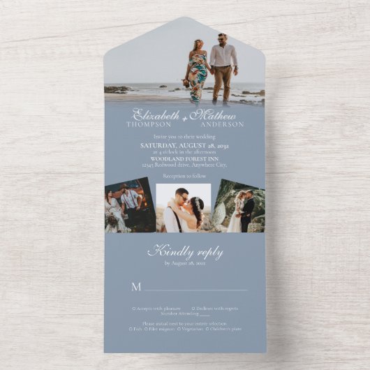 Elegant Dusty Blue Calligraphy Photo Wedding All In One Uitnodiging (Binnen)