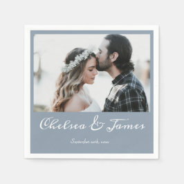 Elegant Dusty Blue Calligraphy Photo Wedding Servet