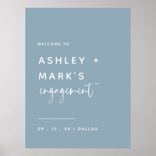 Elegant Dusty Blue Calligraphy Verloving Welcome Poster (Voorkant)