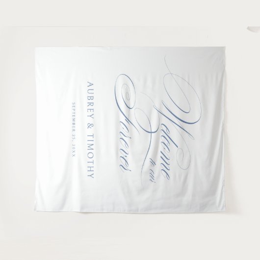 Elegant Dusty Blue Calligraphy Weddenschap Welcome Wandkleed (Voorkant (horizontaal))