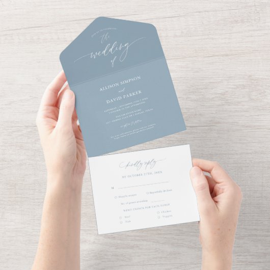 Elegant Dusty Blue Calligraphy Wedding All In One Uitnodiging (Afscheurbaar)