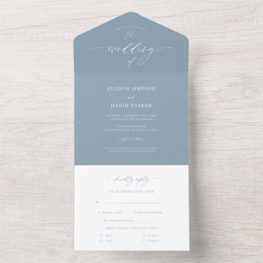 Elegant Dusty Blue Calligraphy Wedding All In One Uitnodiging (Binnen)