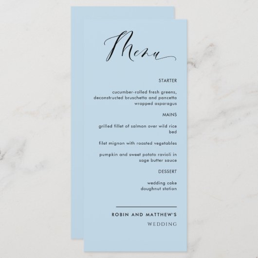 Elegant Dusty Blue Calligraphy Wedding / Reception Menu (Voorkant / Achterkant)