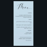 Elegant Dusty Blue Calligraphy Wedding / Reception Menu<br><div class="desc">Elegante stoffige blauwe bruiloft of diner receptie Menukaart. Hedendaags, eenvoudig en elegant ontwerp met prachtige moderne handgeschreven kalligrafie. Voor- en achterkant achtergrondkleur in stoffige blauwe toon. Mogelijkheid om zowel de voor- als/of achterkant achtergrondkleur te veranderen door "verder aanpassen" te selecteren. Ontwerp beschikbaar in een verscheidenheid van kleur keuzes. Onderdeel van...</div>