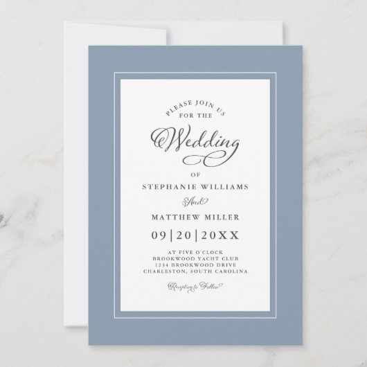 Elegant Dusty Blue Chic Modern Calligraphy Wedding Kaart (Voorkant)